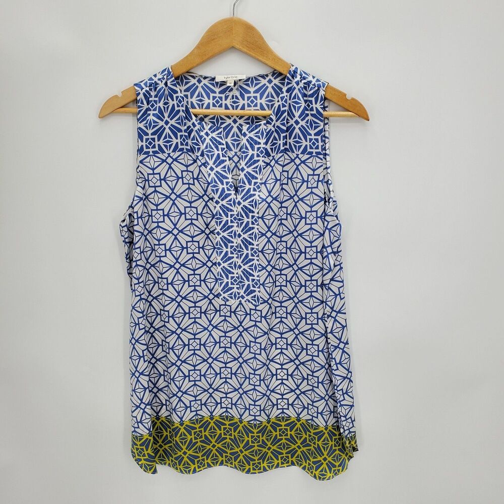 Tyler Boe 100% Silk Tunic Blouse Sleeveless Split Neck Geometric Print Size 10